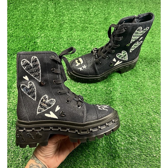 Karl Lagerfeld Shoes - Karl Lagerfeld 5 Lampirini Ikonic Lace Up Combat Boots Denim Embroidery NWOB